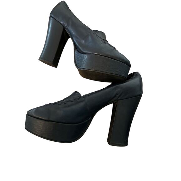 VINTAGE 70'S PATENT LEATHER NAVY PEEK TOE PLATFORMS PUMPS HEELS SZ 6 - Picture 3 of 6